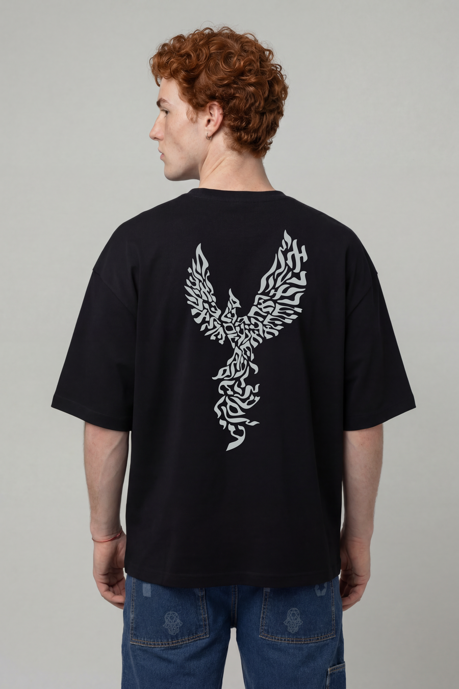 Men's Phoenix Hebrew Letter Oversized T-Shirt — Black with Silver Back | TEN