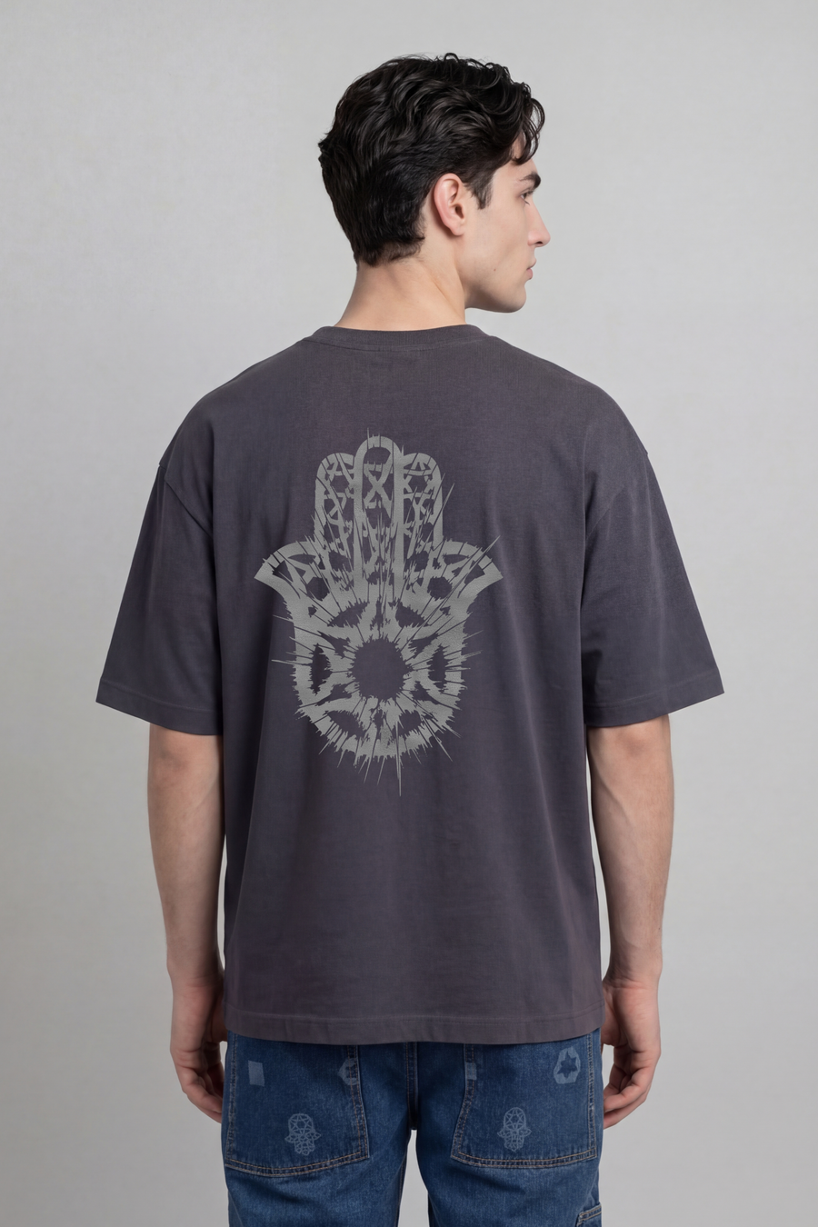 Men's Hamsa Abstraction Oversized T-Shirt — Grey with Silver Back | TEN