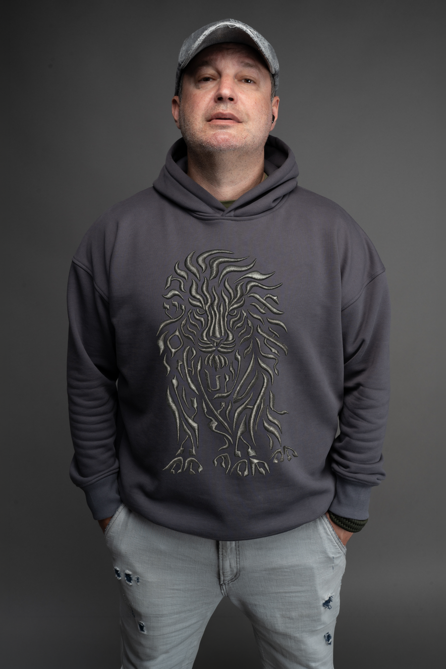Men's Hebrew Letterform Embroidered Hooded Pullover — Grey with Graphite | TEN