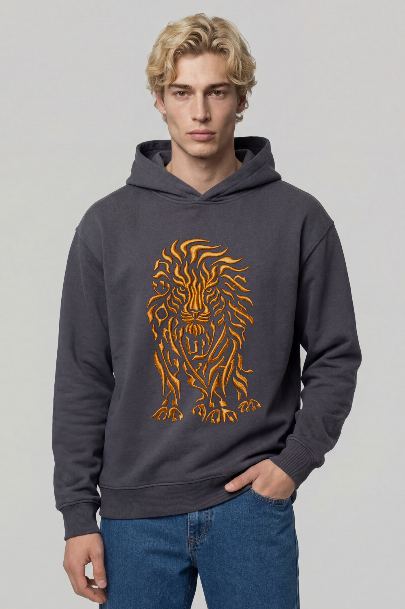 Men's Hebrew Letterform Embroidered Hooded Pullover — Grey with Orange | TEN