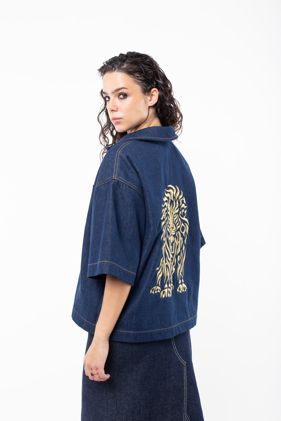 Women's Kineret Lion of Judah Denim Shirt — Blue with Gold | TEN