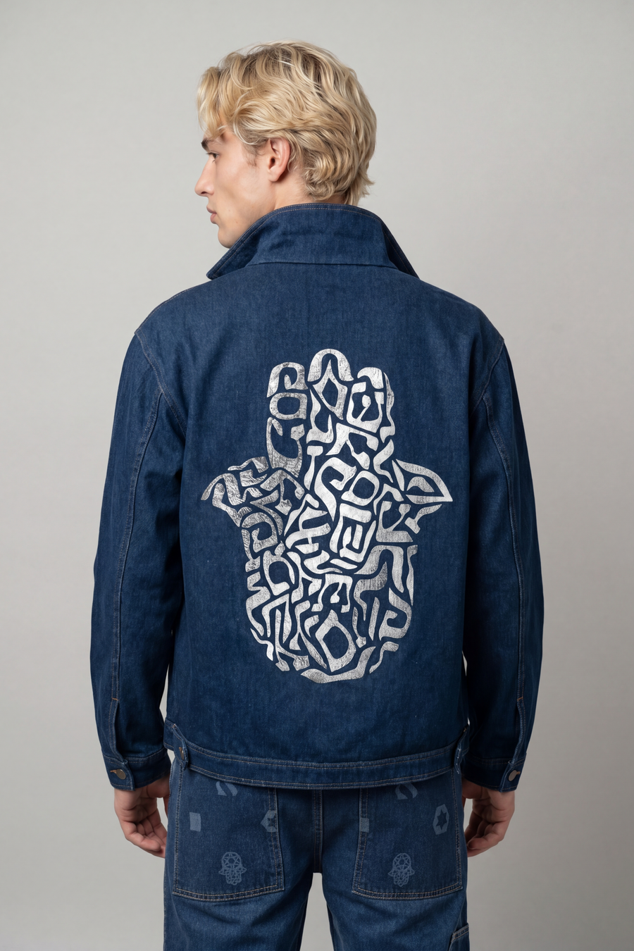 Men's Hamsa Back-Patch Denim Jacket — Blue with Silver | TEN