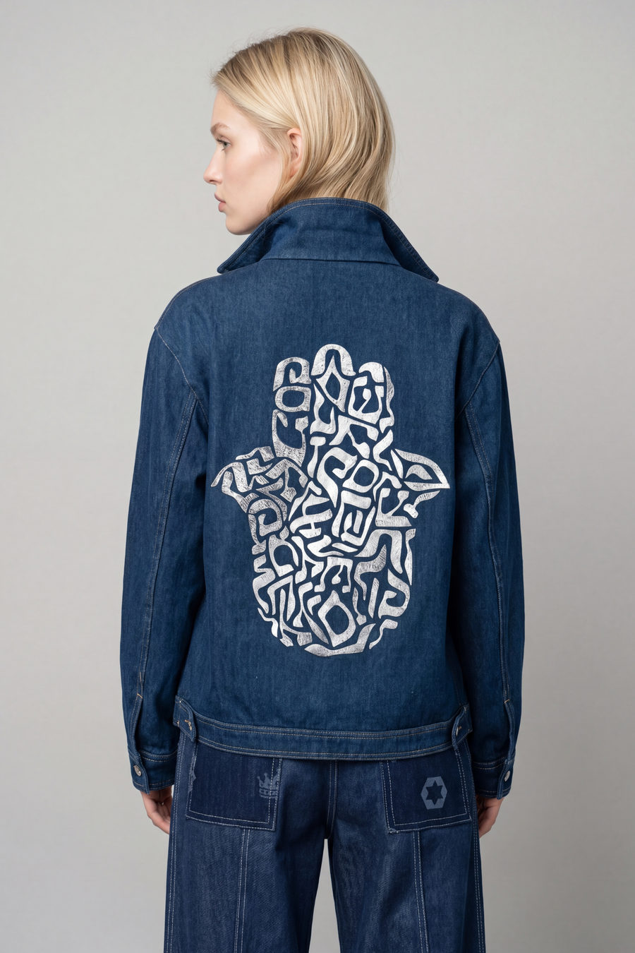 Women's Hamsa Back-Patch Denim Jacket — Blue with Silver | TEN