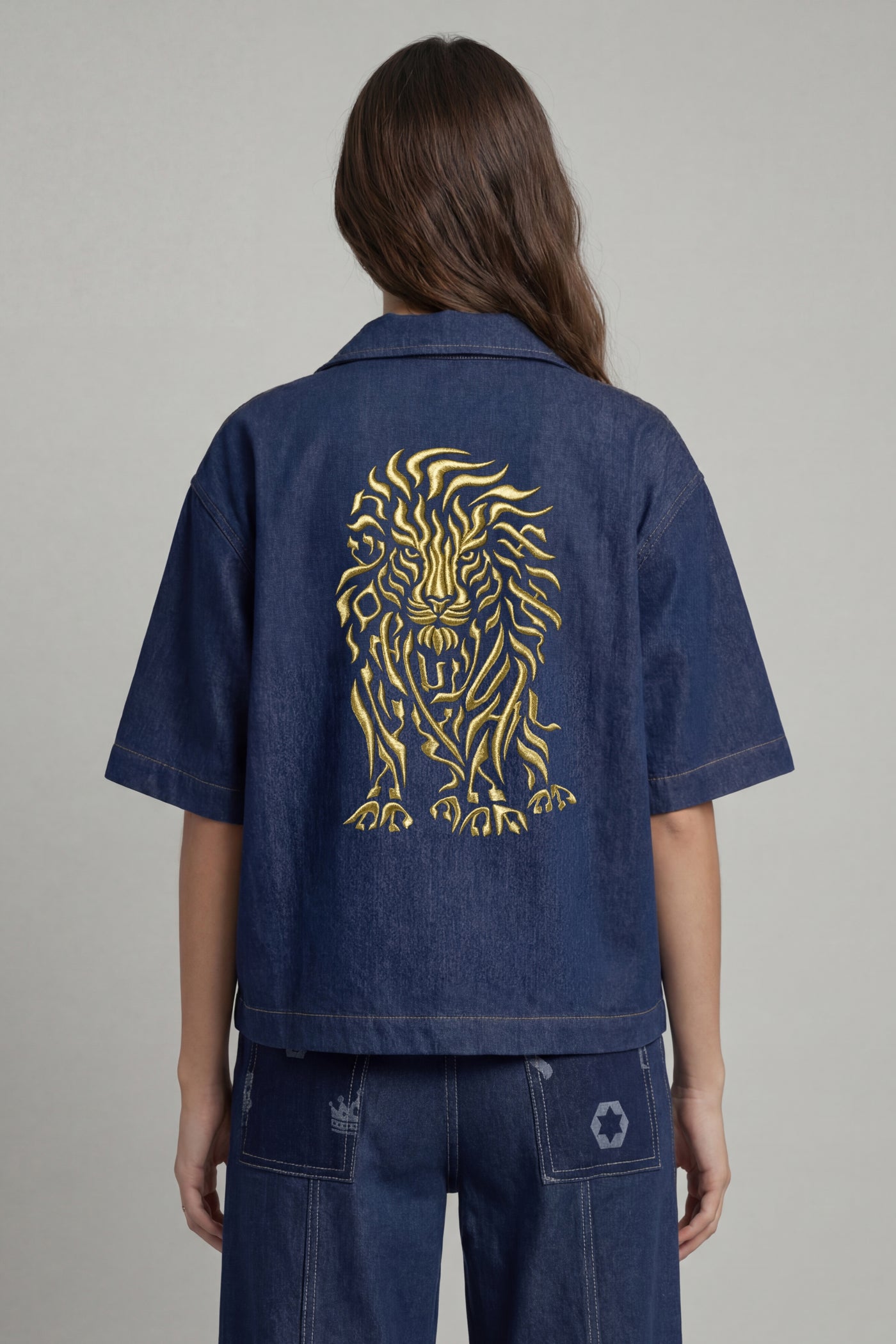 Women's Kineret Lion of Judah Denim Shirt — Blue with Gold | TEN