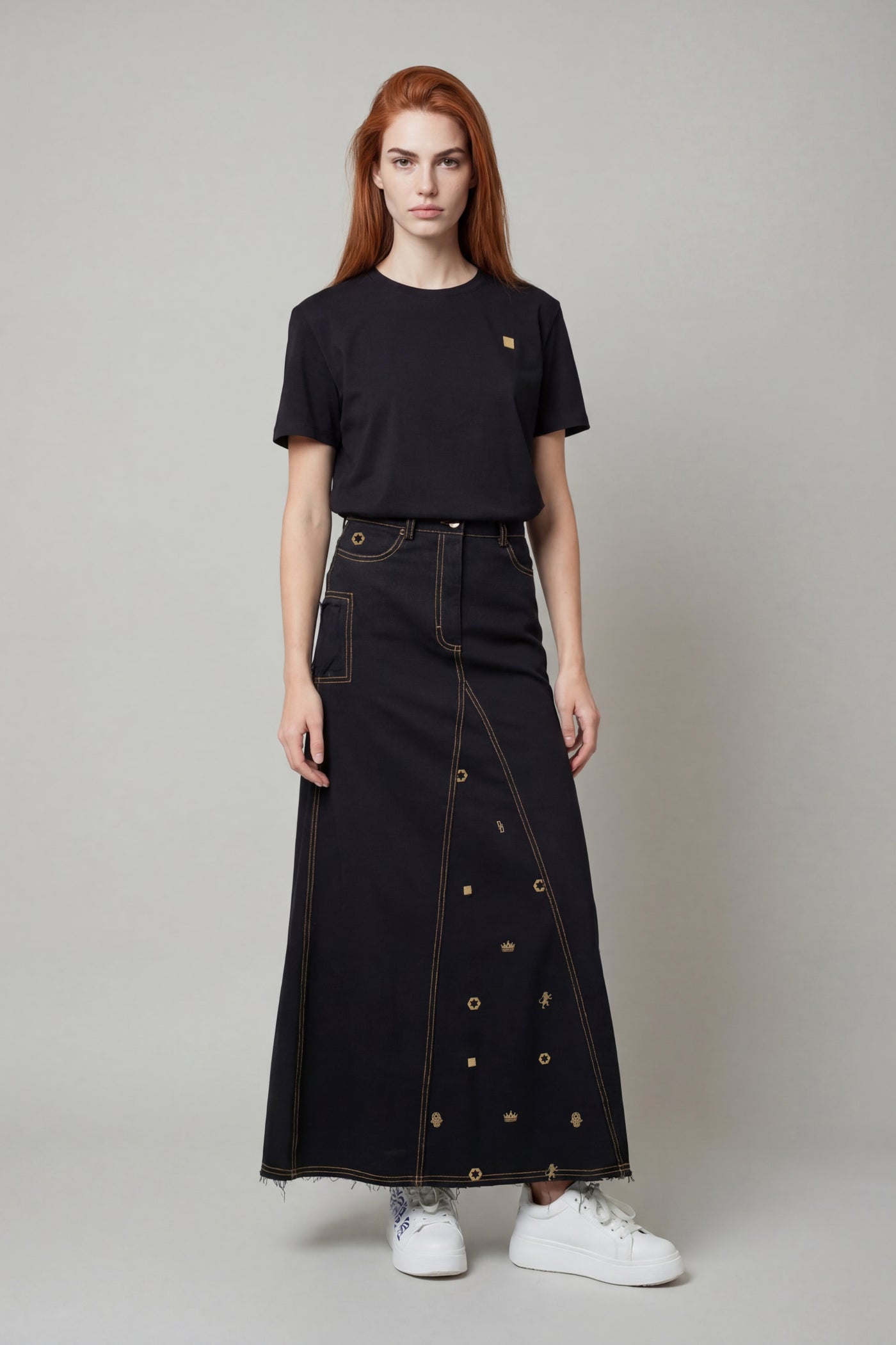 Banias Straight-Cut Denim Maxi Skirt — Signature Pattern | TEN