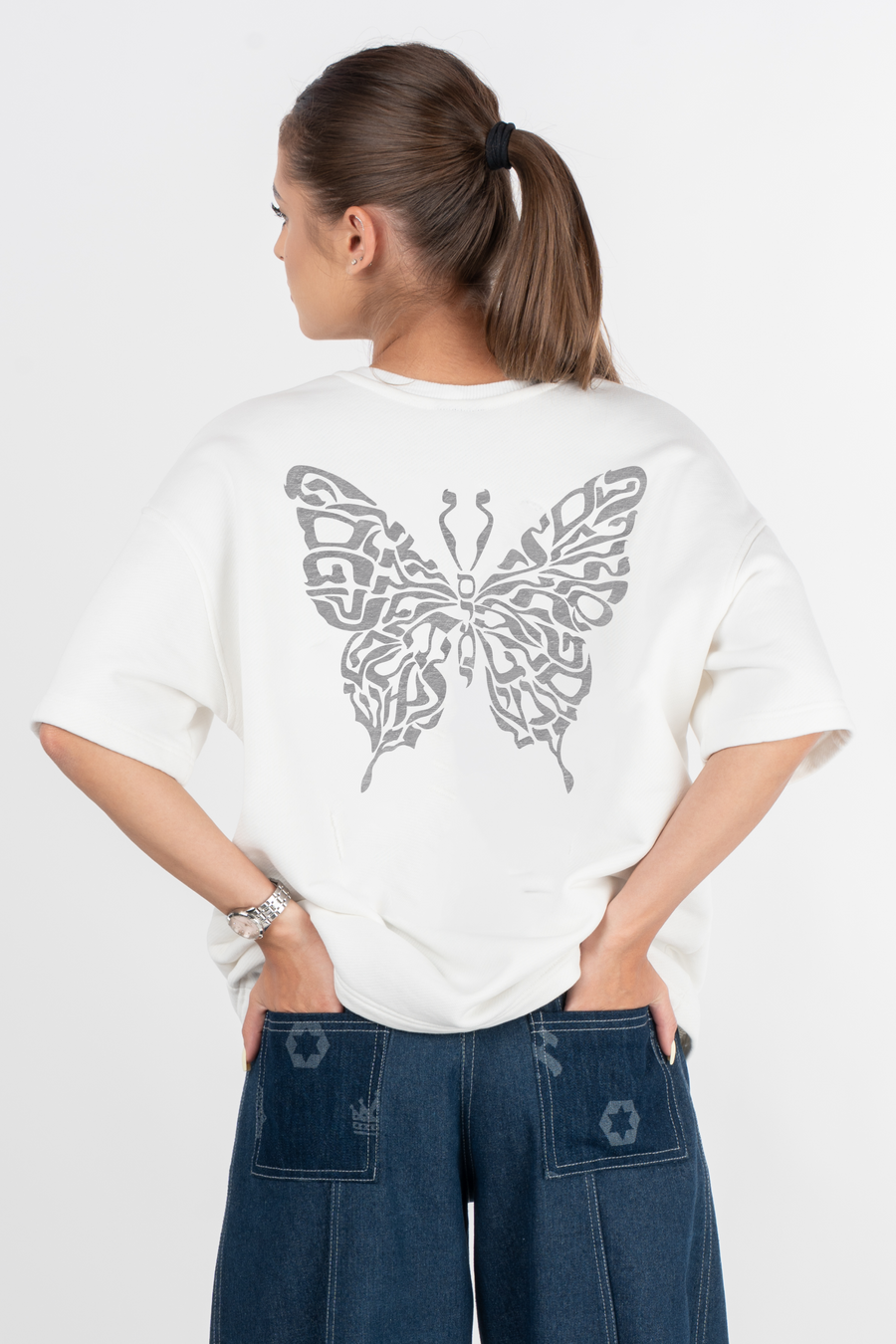 Women's Butterfly Hebrew Letter T-Shirt — White with Silver | TEN