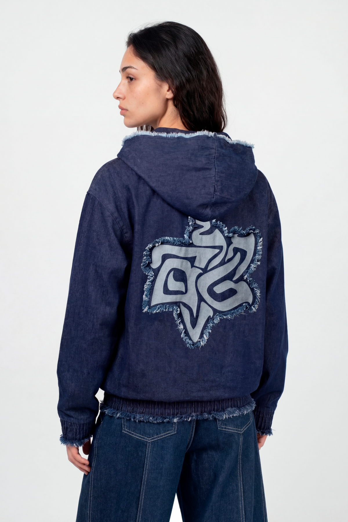 Zip-Up Denim Jacket Tavor — Hebrew Letterform Artwork — Women's