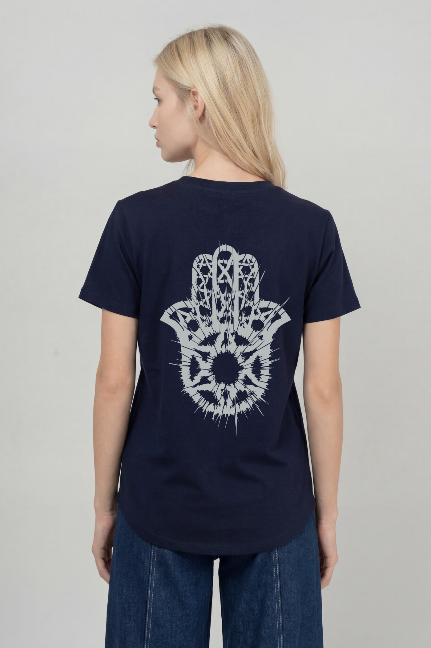 Women's Hamsa Abstraction T-Shirt — Tel-Aviv Blue with Silver Back | TEN