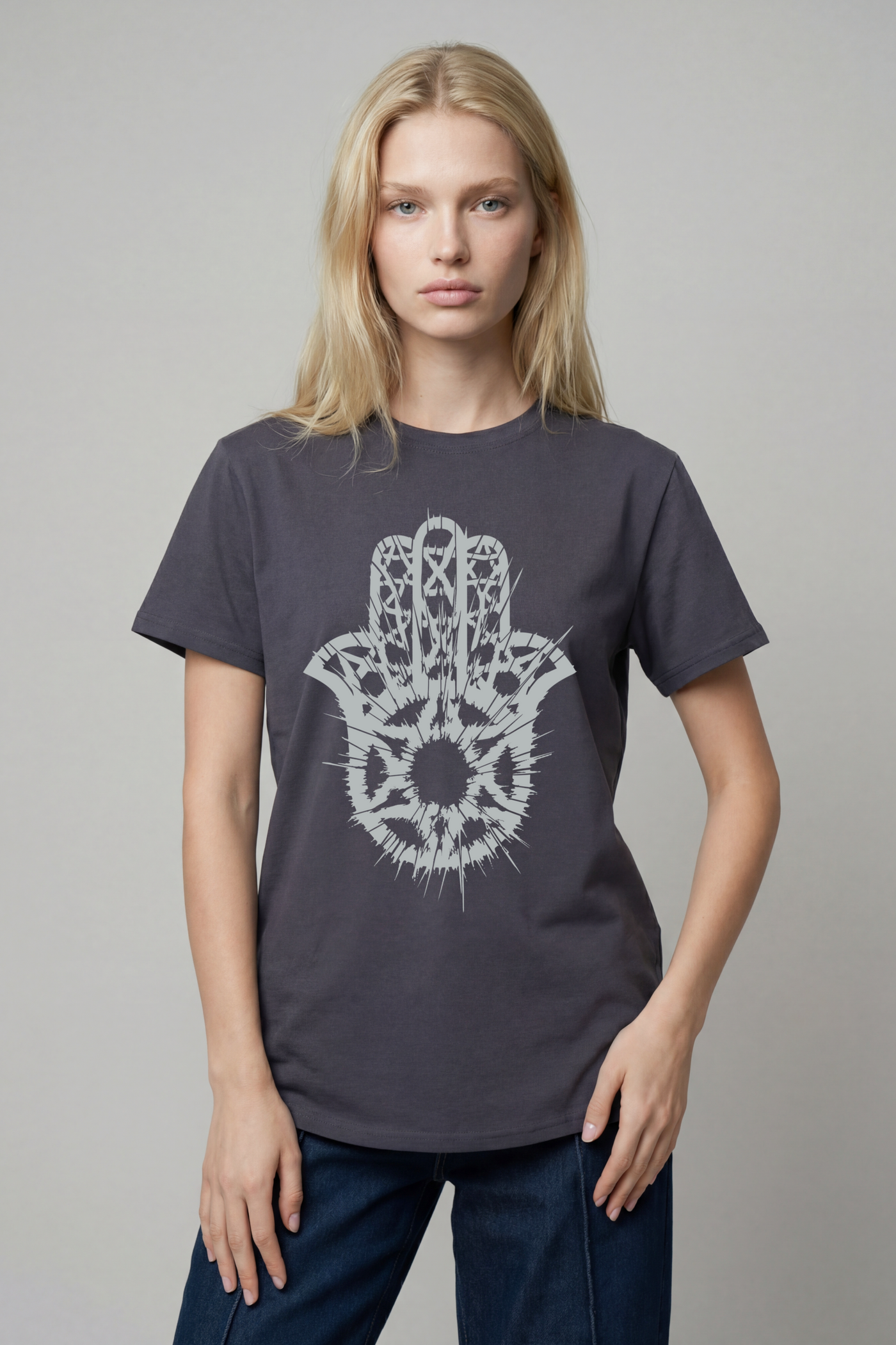 Women's Hamsa Abstraction T-Shirt — Grey with Silver | TEN