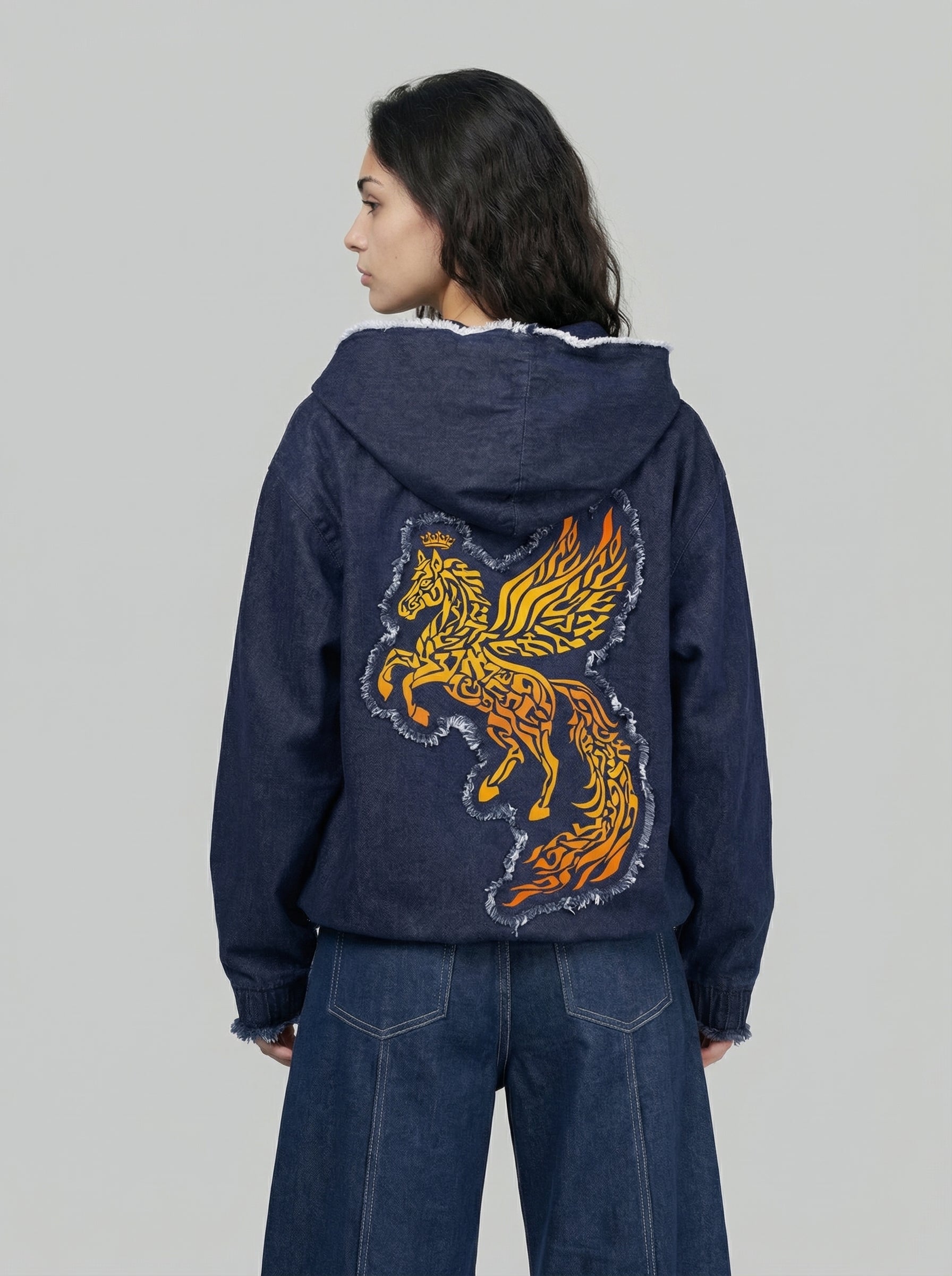 Zip-Up Denim Jacket Tavor — Hebrew Letterform Artwork — Women's