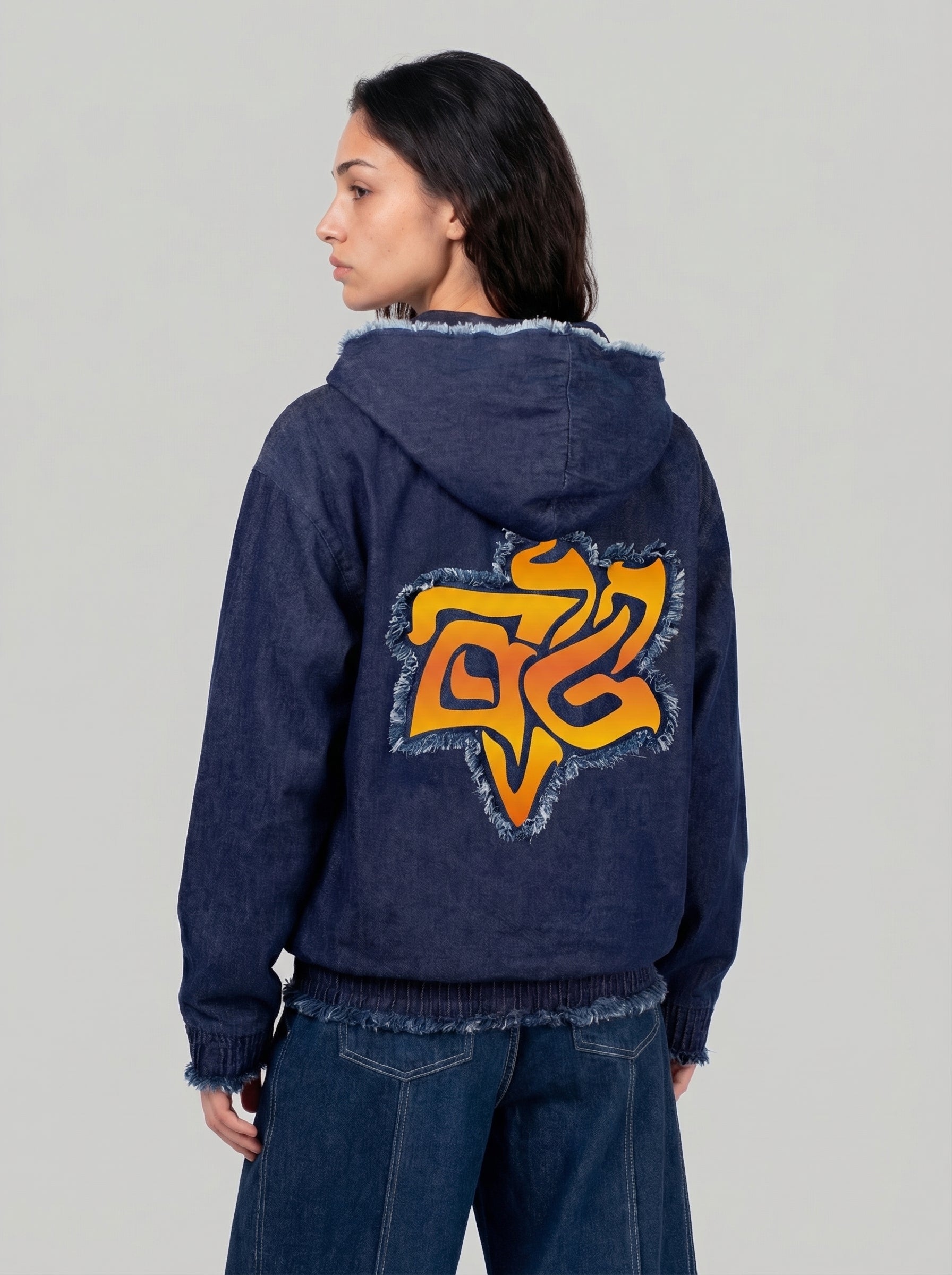 Zip-Up Denim Jacket Tavor — Hebrew Letterform Artwork — Women's