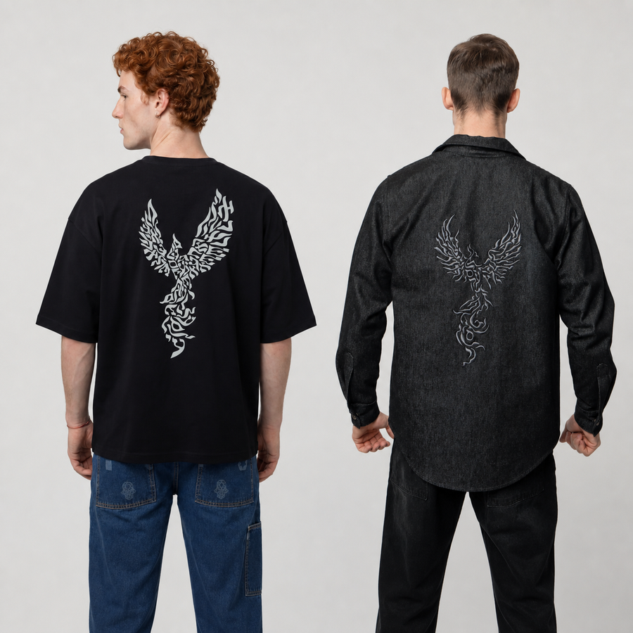 Phoenix Layer Set — Men's Oversized T-Shirt + Denim Shirt | TEN